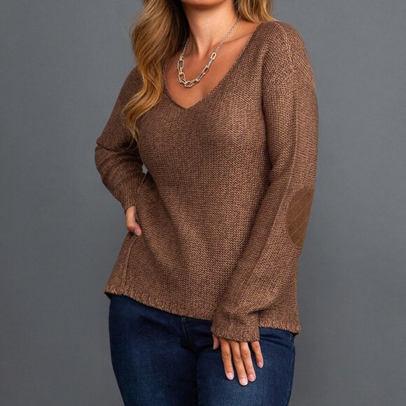 Studio 65 V-Neck Long Sleeve Knit Sweater Elbow Patches Brown Chunky Size Small - Picture 7 of 10